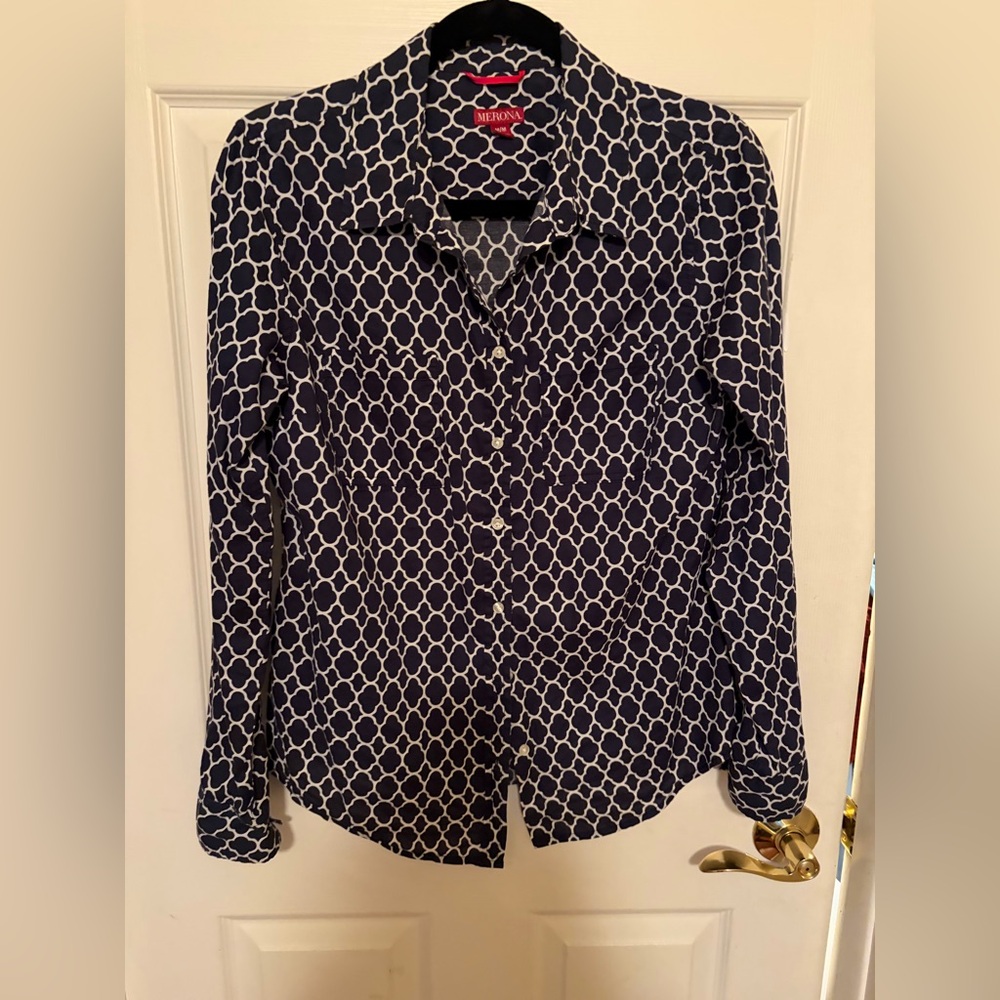 Merona Navy and White Patterned Button Down Shirt